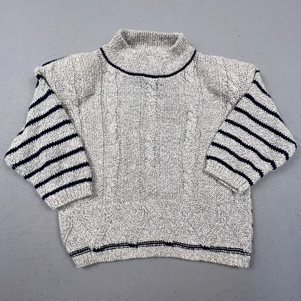 T.Q. Vintage Mock Neck Sweater Womens‎ Small Grey Navy Striped Cable Knit Cotton